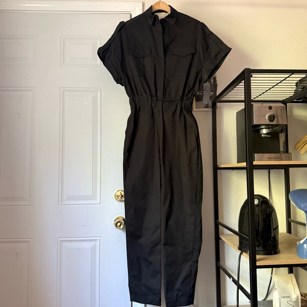 THEO black cotton blend echo paper bag button up short‎ sleeve jumpsuit